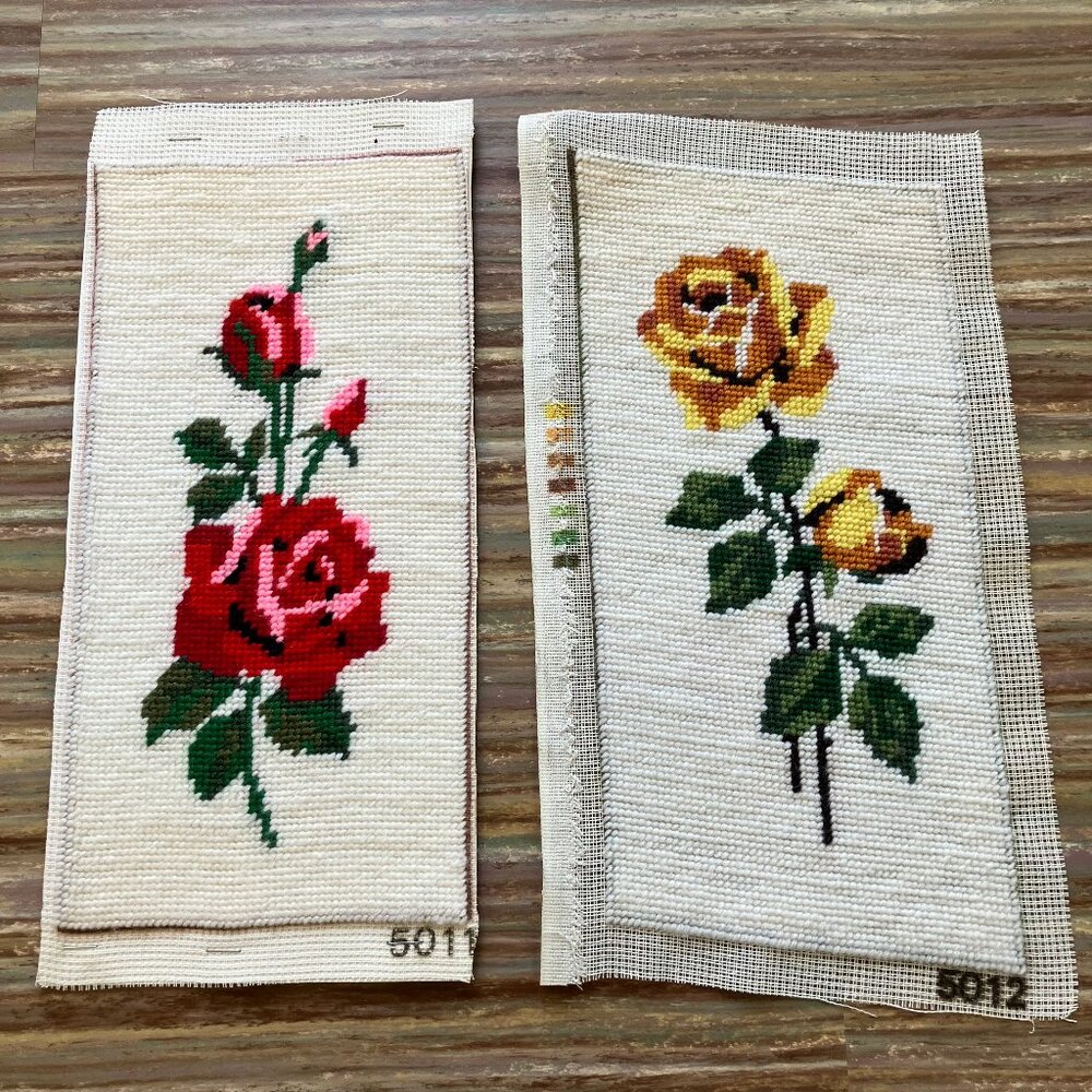 Red & Yellow Rose Completed Needlepoint Embroidery Designs Vintage Set of 2